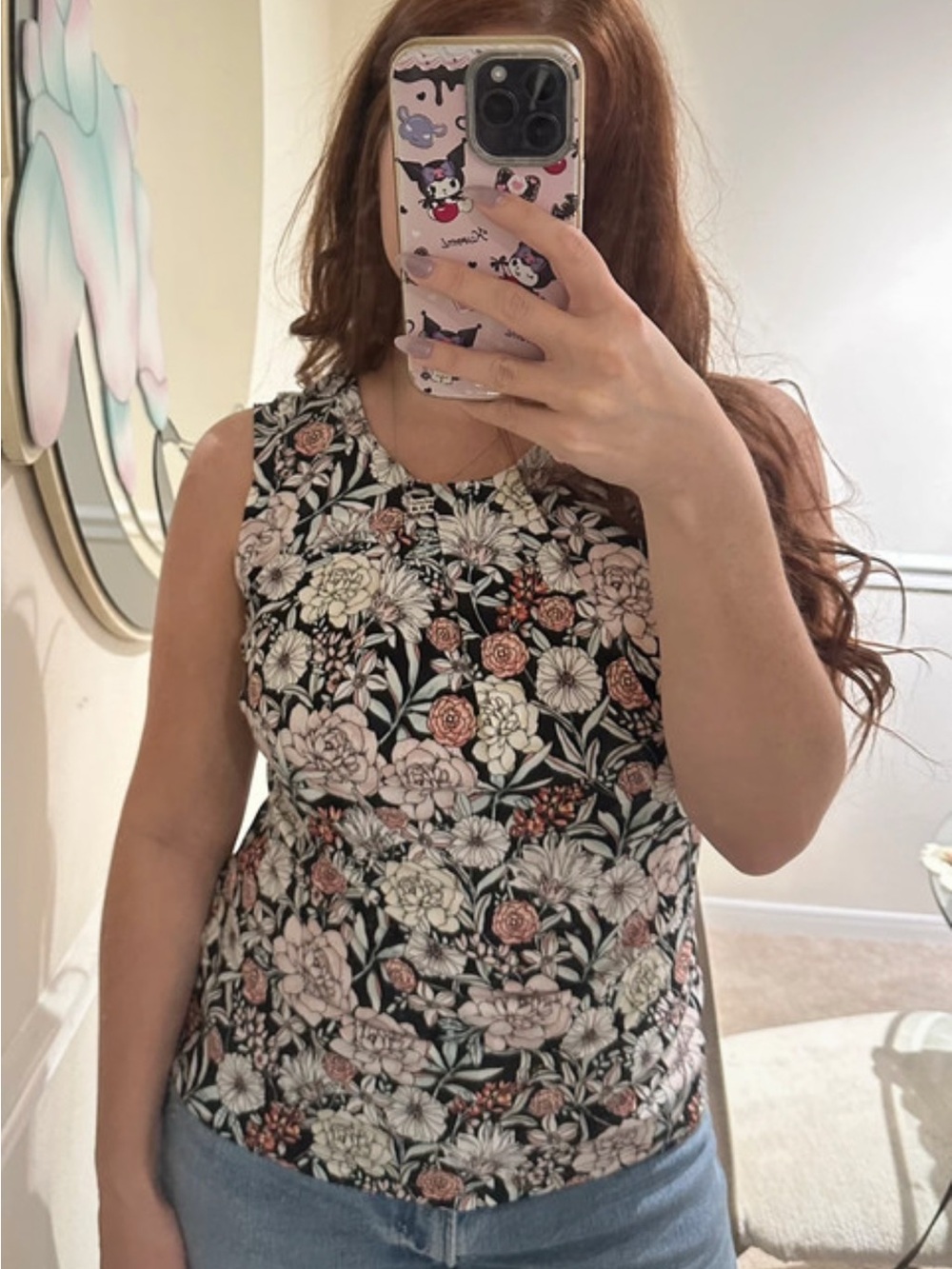 Karl Lagerfeld Floral Tank Top - Black, Pink & Cream